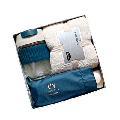 Silk Screen Printed Gift Set Glass Water Cup Black Rubber Umbrella Coral Plush Towel