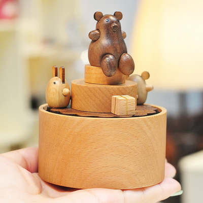 Year Mini Carousel Lucky Cat Music Box Solid Wood Cake Music Box Decoration Birthday Gift