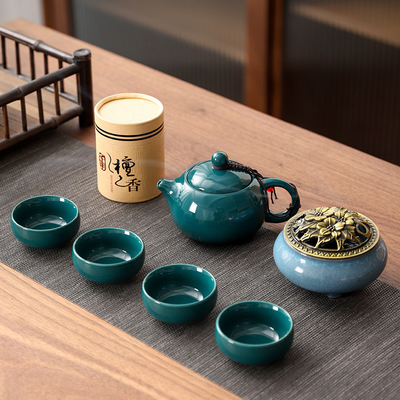 Elegant Chinese Tea Set Celadon Shih Tzu Pot with 4 Cups and Sandalwood Incense Burner