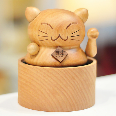 Year Mini Carousel Lucky Cat Music Box Solid Wood Cake Music Box Decoration Birthday Gift