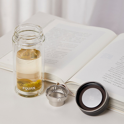 Practical High Borosilicate Double-Layer Glass Cup with Tea Partition and UV Printing