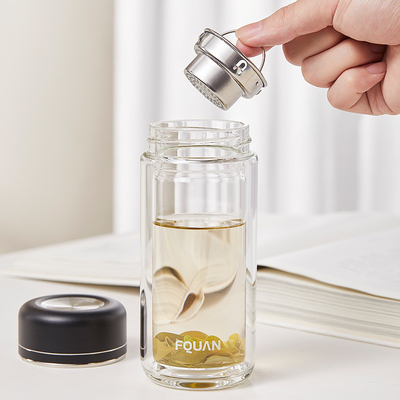 Practical High Borosilicate Double-Layer Glass Cup with Tea Partition and UV Printing