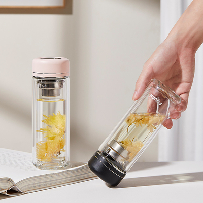 Practical High Borosilicate Double-Layer Glass Cup with Tea Partition and UV Printing
