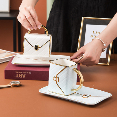 Lingge Bag Ceramic Cup and Plate Set Gold Painted Customizable Coffee Mug Unique Gift