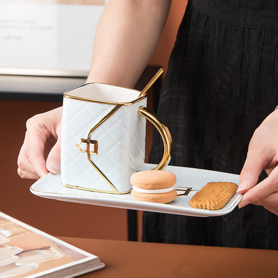 Lingge Bag Ceramic Cup and Plate Set Gold Painted Customizable Coffee Mug Unique Gift