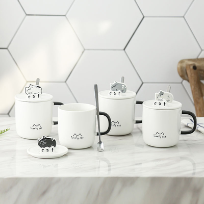 Employee Gift Idea Cartoon Cat Water Cup with Ceramic Spoon Lid and Phone Holder