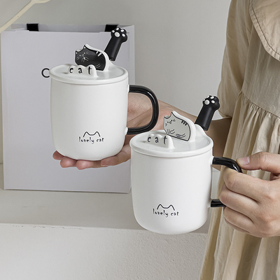 Employee Gift Idea Cartoon Cat Water Cup with Ceramic Spoon Lid and Phone Holder