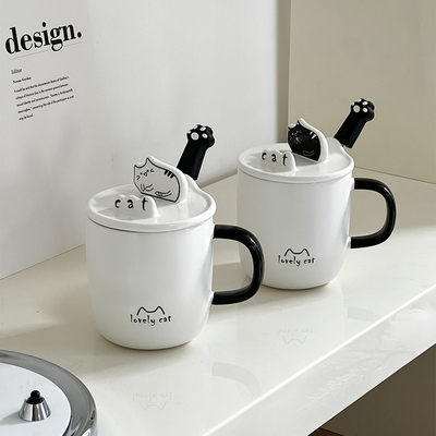 Employee Gift Idea Cartoon Cat Water Cup with Ceramic Spoon Lid and Phone Holder