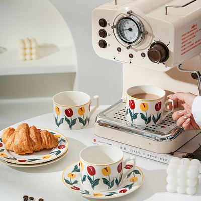 Mother's Day Gift Hand-drawn Tulip Coffee Cup and Plate Set with High Aesthetic Value