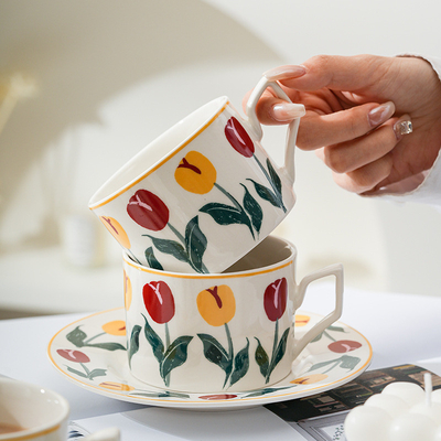 Mother's Day Gift Hand-drawn Tulip Coffee Cup and Plate Set with High Aesthetic Value