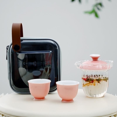 Hotel and Resort Sakura Pink Glass Travel Tea Set Portable Tea Bag One Pot Two Cups Goddess Day Souvenir Gifts