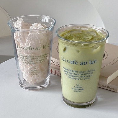 350ml Ins Fashion Text Print Glass Cup for Retro Water Cup Ice Coffee Latte Tea Juice Cup