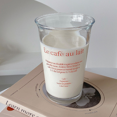 350ml Ins Fashion Text Print Glass Cup for Retro Water Cup Ice Coffee Latte Tea Juice Cup