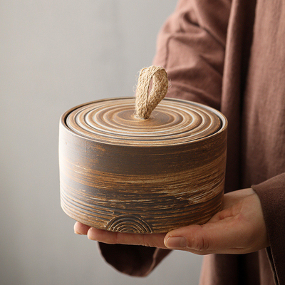 Silk Screen Printing Coarse Pottery Tea Can Retro Sealed Burnt Ceramic Storage Can