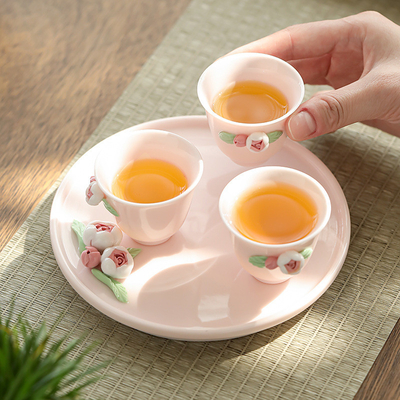 Beautiful Pink Ceramic Tea Set Ideal Hand-Held Gift for Women during Goddess Festival