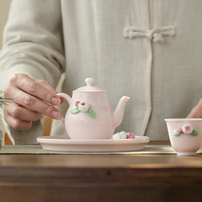 Beautiful Pink Ceramic Tea Set Ideal Hand-Held Gift for Women during Goddess Festival