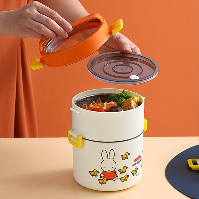 Double Layer Portable Lunch Box Cartoon Pattern Round Bento Box with Cute Design