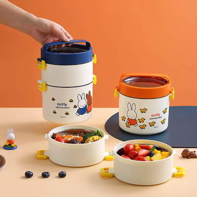 Double Layer Portable Lunch Box Cartoon Pattern Round Bento Box with Cute Design
