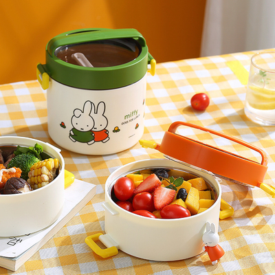 Double Layer Portable Lunch Box Cartoon Pattern Round Bento Box with Cute Design
