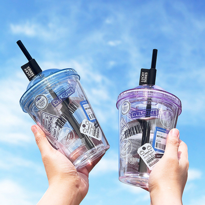 High Beauty Instagram Straw Cup Creative Plastic Double Layer Water Cup for Summer Gift