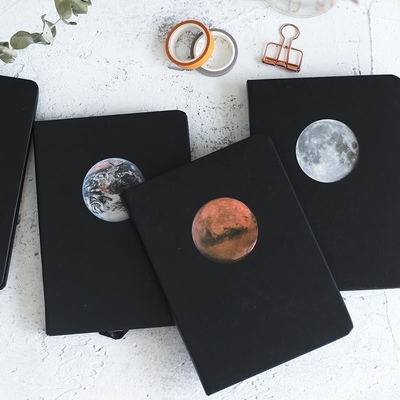 Customer's Logo Minimalist Hardcover Black Inner Page Notebook Wooden Planet Graffiti Black Cardbook for Employee Gift