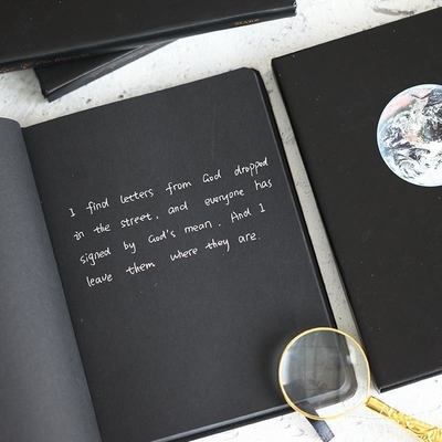 Customer's Logo Minimalist Hardcover Black Inner Page Notebook Wooden Planet Graffiti Black Cardbook for Employee Gift