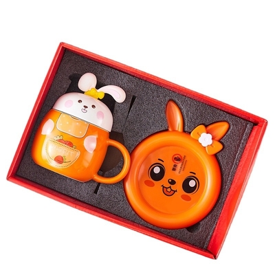 Collectible Cute Rabbit Embossed Thermostatic Cup Set Heating Warm Cup and Warm Coaster