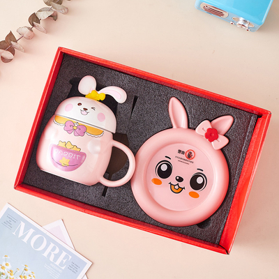 Collectible Cute Rabbit Embossed Thermostatic Cup Set Heating Warm Cup and Warm Coaster