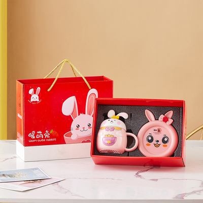 Collectible Cute Rabbit Embossed Thermostatic Cup Set Heating Warm Cup and Warm Coaster