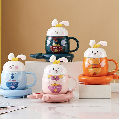 Collectible Cute Rabbit Embossed Thermostatic Cup Set Heating Warm Cup and Warm Coaster