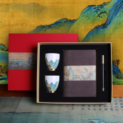 Customized Logo Business Gift Box Cultural Notebook Porcelain Cups and Brass Wooden Pen