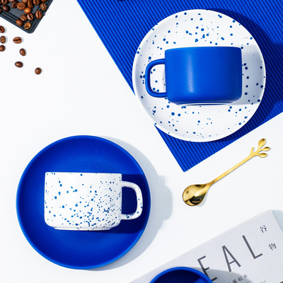 Exquisite Klein Blue Ceramic Flower Coffee Cup and Plate Set for Customized Logo Printing