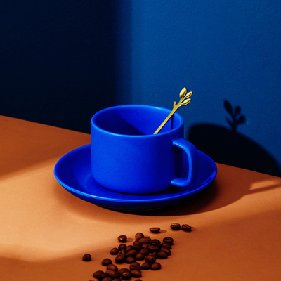 Exquisite Klein Blue Ceramic Flower Coffee Cup and Plate Set for Customized Logo Printing