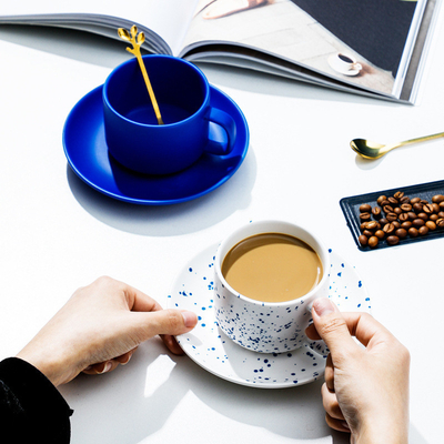 Exquisite Klein Blue Ceramic Flower Coffee Cup and Plate Set for Customized Logo Printing
