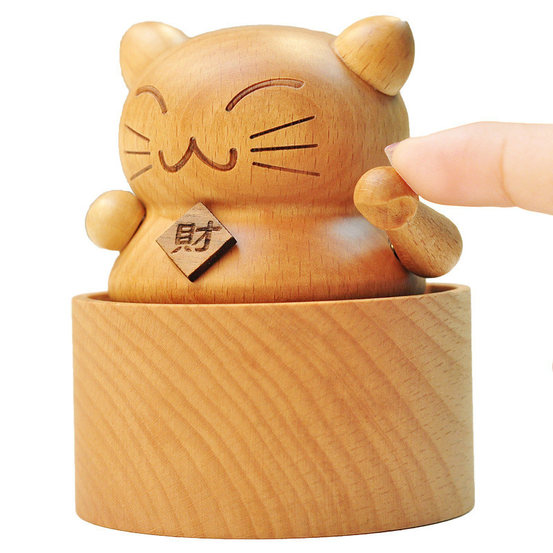 Year Mini Carousel Lucky Cat Music Box Solid Wood Cake Music Box Decoration Birthday Gift
