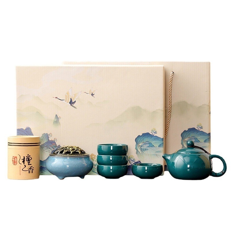 Elegant Chinese Tea Set Celadon Shih Tzu Pot with 4 Cups and Sandalwood Incense Burner