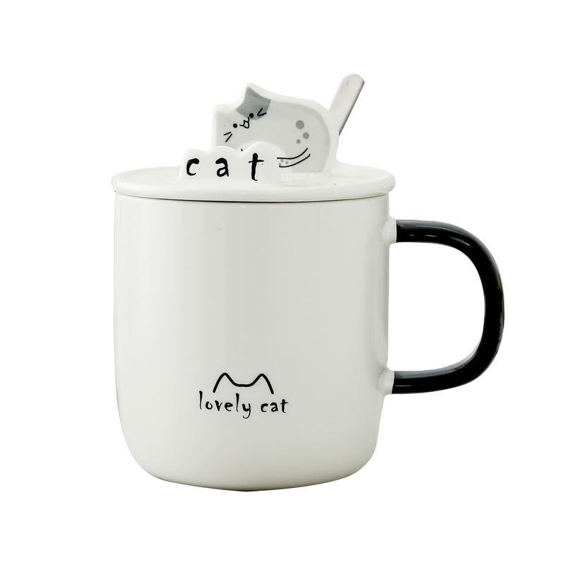 Employee Gift Idea Cartoon Cat Water Cup with Ceramic Spoon Lid and Phone Holder