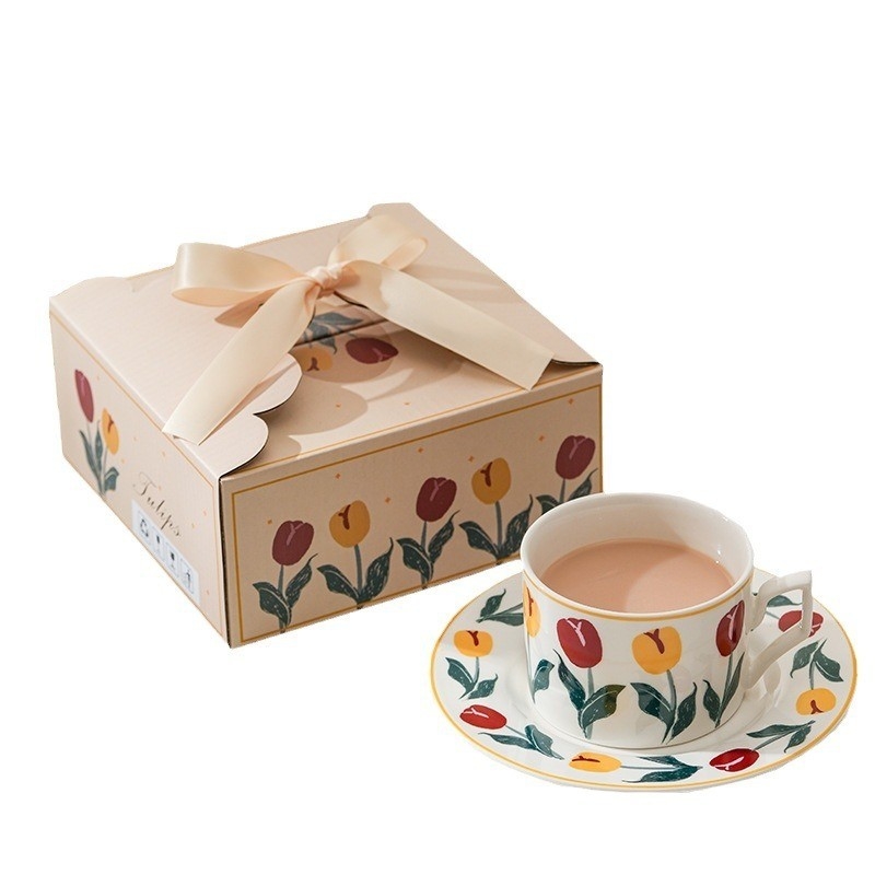 Mother's Day Gift Hand-drawn Tulip Coffee Cup and Plate Set with High Aesthetic Value