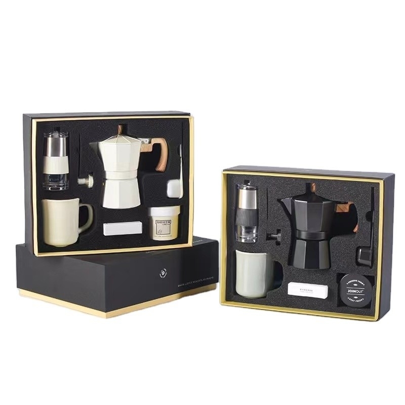 Silk Screen Printing Coffee Gift Box with Mocha Pot Six Piece Set and Hand Grinder