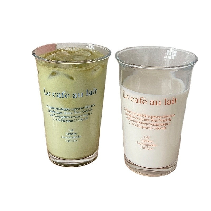 350ml Ins Fashion Text Print Glass Cup for Retro Water Cup Ice Coffee Latte Tea Juice Cup