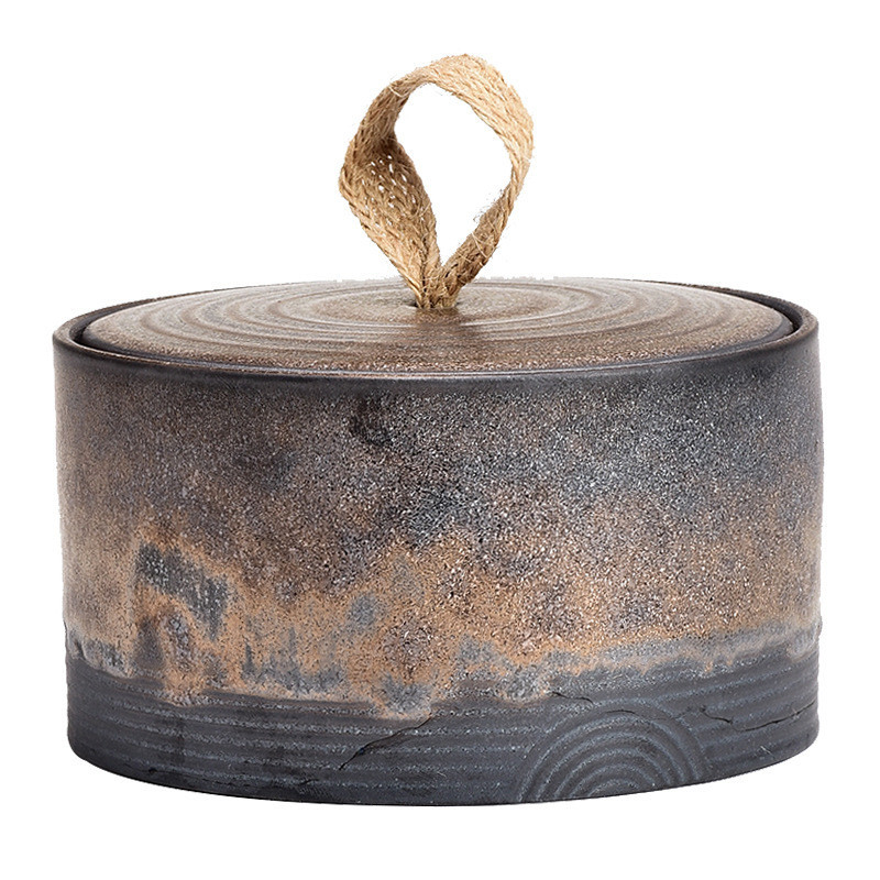 Silk Screen Printing Coarse Pottery Tea Can Retro Sealed Burnt Ceramic Storage Can