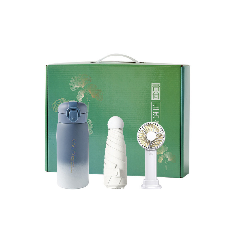 Summer Cool Set Plastic Sports Water Cup Handheld Fan Capsule Umbrella as Welcome Gifts