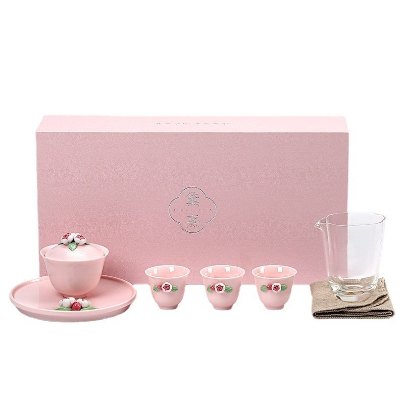 Beautiful Pink Ceramic Tea Set Ideal Hand-Held Gift for Women during Goddess Festival