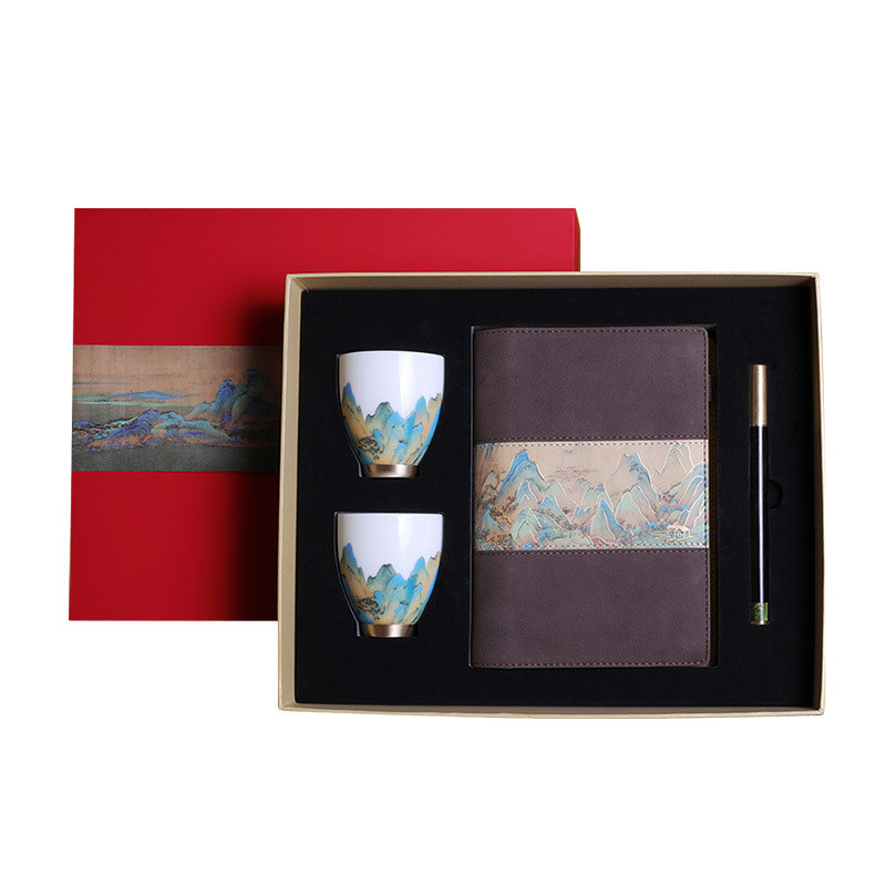 Customized Logo Business Gift Box Cultural Notebook Porcelain Cups and Brass Wooden Pen