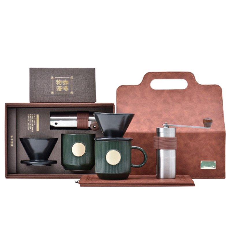 Business Gift Handheld Box with Bean Grinder Ceramic Filter Cup and Ceramic Coffee Cup