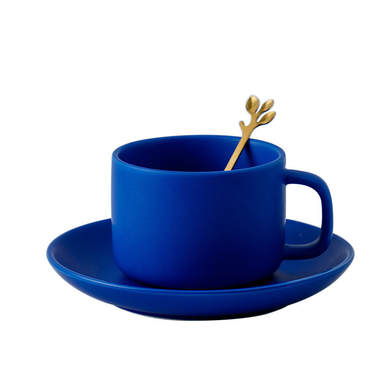 Exquisite Klein Blue Ceramic Flower Coffee Cup and Plate Set for Customized Logo Printing